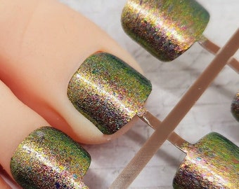 Copper Green Press on Toenails, Chrome Flakie Glitter False Nail Set