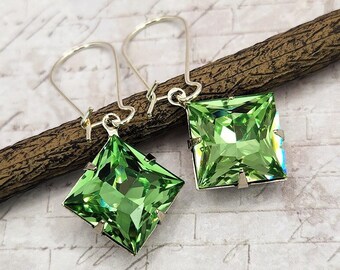 Peridot Green Crystal Rhinestone Drop Earrings, Green Jewelry, Handmade Earrings, Gift Idea