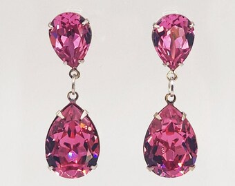 Rose Pink Crystal Rhinestone Drop Earrings, Statement Jewelry, Gift Idea