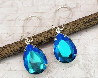 Aqua Teal Rhinestone Drop Earrings, Blue Green Jewelry, Wedding Party Bridesmaid Gift