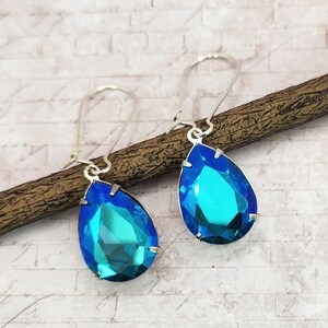 Aqua Teal Rhinestone Drop Earrings, Blue Green Jewelry, Wedding Party Bridesmaid Gift