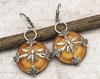 Bronze Brown Dragonfly Earrings, Czech Glass Buttons, Vintage Inspired Jewelry, Dragonfly Lover Gift