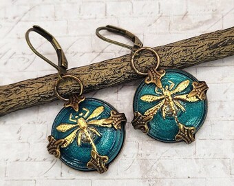 Teal Blue Green Dragonfly Earrings, Czech Glass Buttons, Vintage Inspired Jewelry, Gift Idea