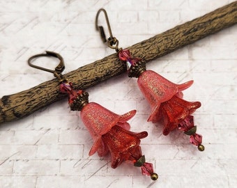 Red Pink Floral Crystal Earrings, Vintage Inspired Jewelry, Gift Idea