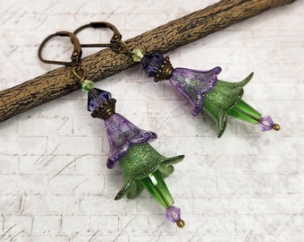 Violet Green Crystal Floral Drop Earrings, Vintage Inspired Jewelry, Gift Idea