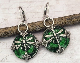 Emerald Green Dragonfly Earrings, Czech Glass Buttons, Vintage Inspired Jewelry, Nature Lover Gift