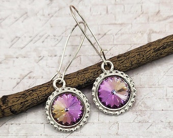 Aqua Lavender Crystal Rhinestone Rivoi Drop Earrings, Vitrail Light Jewelry, Gift Idea