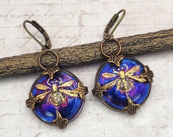 Fuchsia Blue Dragonfly Earrings, Czech Glass Buttons, Vintage Inspired Jewelry, Nature Lover Gift