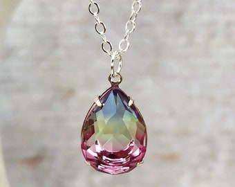 Blue Yellow Pink Transparent Rhinestone Pendant Necklace, Gift Idea, Simple Teardrop Necklace