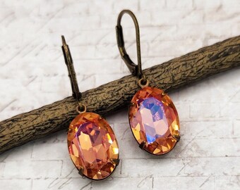 Rose Peach Rhinestone Earrings, Gift for Her, Glacier Blue Crystal Drop Earrings