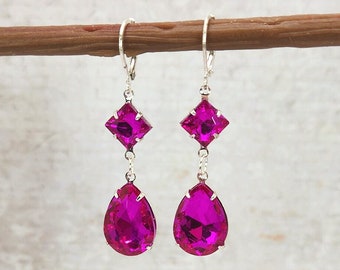 Fuchsia Rhinestone Drop Earrings, Bridesmaid Jewelry, Hot Pink Earrings, Gift for Her, Pink Wedding, Statement Jewelry, Fuchsia Wedding