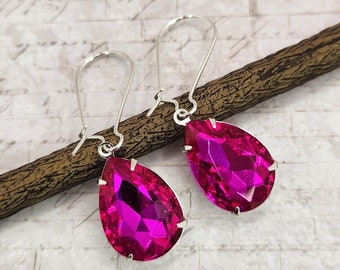Rhinestone Earrings, Hot Pink Earrings, Fuchsia Earrings, Drop Earrings, Bridesmaid Gift, Wedding Jewelry, Gift for Her, Fuchsia Wedding