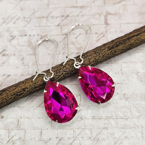 Rhinestone Earrings Hot Pink Earrings Fuchsia Earrings Drop