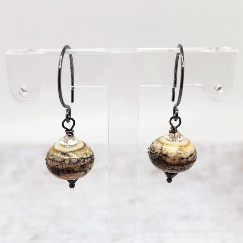 Silvered Ivory Lampwork Glass Bead Drop Earrings, Hot Glass Jewelry, Gift Idea image 2