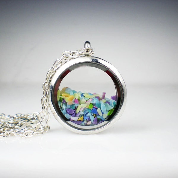 Floating Glass Locket Necklace Teal, Aqua, Violet, Yellow & Peach Glass Jewelry