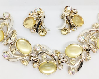 Selro Yellow Cabochon Rhinestone Bracelet Earrings Set, Vintage Jewelry Demi Parure, Gift Idea