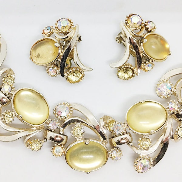 Selro Yellow Cabochon Rhinestone Bracelet Earrings Set, Vintage Jewelry Demi Parure, Gift Idea