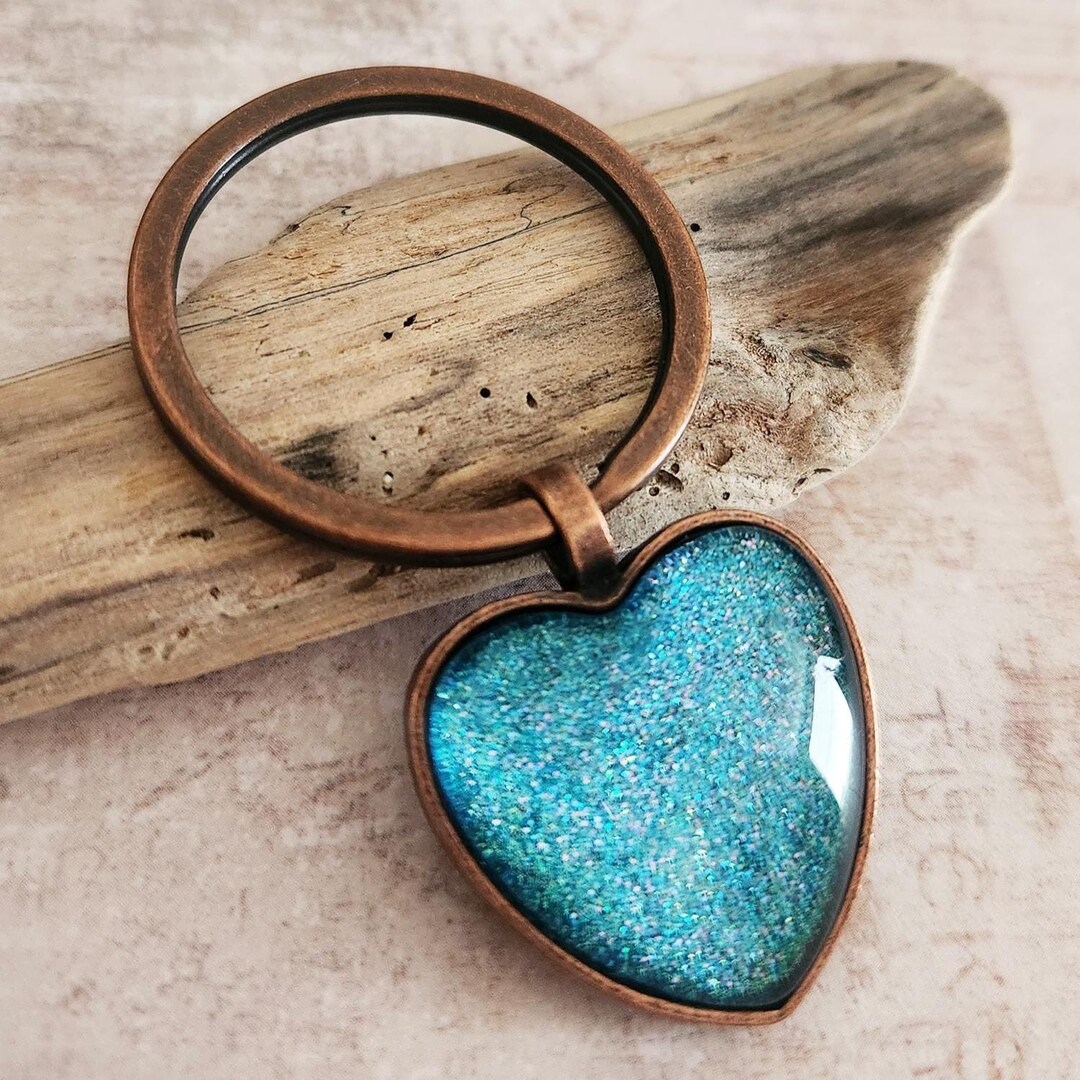 Handmade Keyring, Aqua Glitter Keychain, Antiqued Copper Heart - Etsy