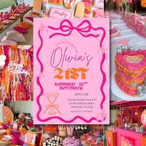 May include: A colourful party setting with pink and orange decorations. An invitation announces Olivia's 21st birthday. The scene includes a heart-shaped cake, a bar, tables set with plates and flowers, and a "Happy Birthday" sign.