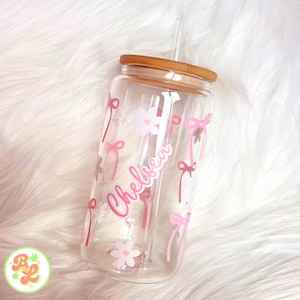Lata de vidro Libbey personalizada, Lata de vidro personalizada, Lata Libbey, Laços, Rosa, Fofo, Presente, Presentes de aniversário, Copos fofos, Coquete