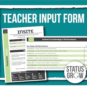 Könnte beinhalten: Ein grünes und weißes Lehrer-Eingabeformular mit dem Titel "Teacher Input Form" und dem Text "INSITE Input & Needs Survey for Instruction & Teaching" und "School Functioning & Performance". Das Formular enthält einen Abschnitt mit dem Titel "In-Class Performance" mit einer Liste von Erwartungen und einer Antwortspalte. Das Formular enthält auch einen Antwort-Schlüssel mit den Zahlen 0 bis 4.