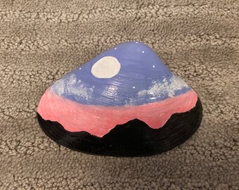 Moon Sunset Mountain Night Scene Hand Painted Seashell