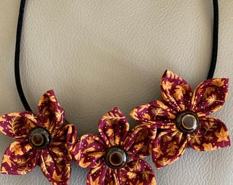 Orange Brown Fall Leaves Fabric Flower Statement Necklace