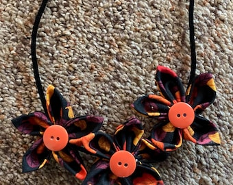 Orange Brown Fall Leaves Fabric Flower Statement Necklace