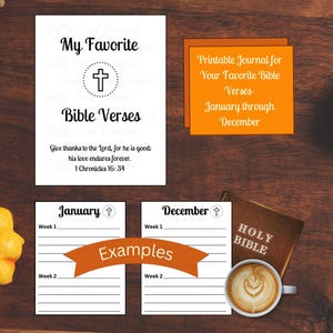 May include: A collection of stationery items, including a white journal titled "My Favorite Bible Verses" with a cross symbol, and an orange journal labeled "Printable Journal for Your Favorite Bible Verses - January through December." Also includes a coffee cup and a small pumpkin.
