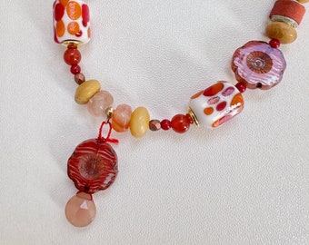 Carnelian Floral & Vintage Japanese Bead Necklace