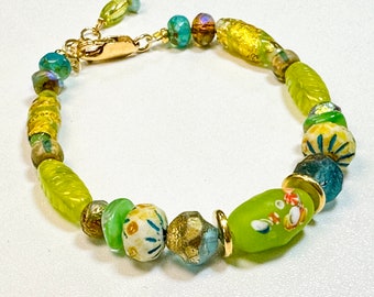 Luscious Green Gold Aqua Vintage Bead Gold Filled Bracelet OOAK One of a Kind