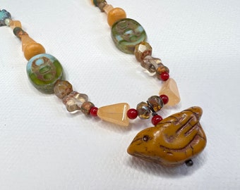 Czech Yellow Bird with Aventurine and Red Jade Necklace