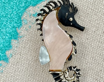 60's 70's Mother of Pearl Enamel Seahorse Pin Broach