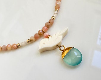 Pink Peruvian Opal Necklace with sweet little bird and Aqua Chalcedony One of A Kind