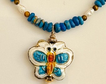 One of a kind Ceruleite Gorgeous Blue Butterfly Enamel Necklace