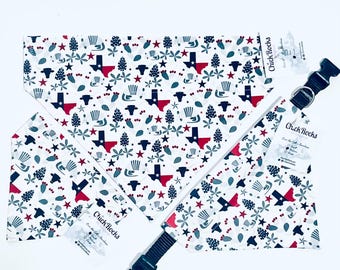 Pet Bandana - Blue and Grey Texas Icons (Bluebonnet, Armadillo, Longhorn, Cactus) on White
