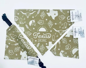 Pet Bandana - Texas Icons (Bluebonnet, Cowboy Hat, Boots, Cactus) on Green