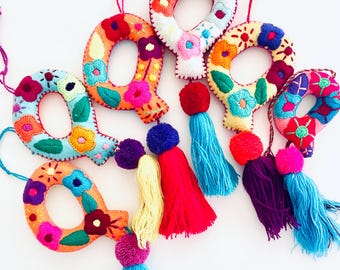 Embroidered Letter Q Ornament: Handmade Mexican Pom Pom Tassel