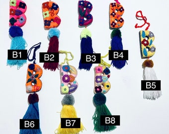 B - Alphabet Letter Pom Pom, Handmade Ornaments, Mexican Ornaments, Embroidered, Tassels