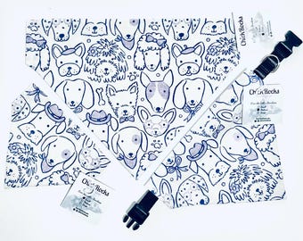 Pet Bandana - Cute Dog or Puppy Faces in Purple Line Drawing