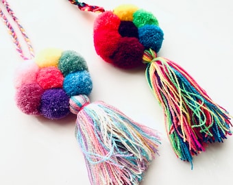 Mexican Rainbow Flower Pom Pom, Handmade Ornaments, Mexican Ornaments, Embroidered, Tassels