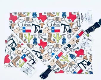 Pet Bandana - Texas Icons (Boots, Cowboy Hat, Longhorn) on White