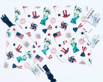 Pet Bandana - Independence Day Celebration (Statue of Liberty, Pinwheel, Top Hat, Bowtie, Stars, Fireworks) on White)