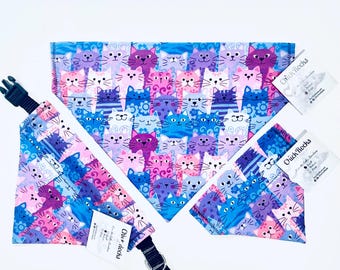 Pet Bandana - Purple, Blue, Pink Cats Kittens