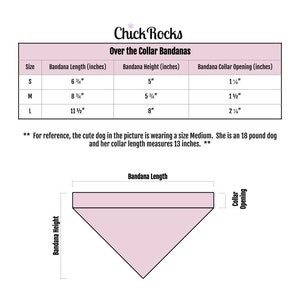May include: A chart for "Over the Collar Bandanas" by "Chick Rocks" with size measurements in inches. Sizes include S, M, and L, with corresponding bandana length, height, and collar opening dimensions. A diagram illustrates bandana dimensions.