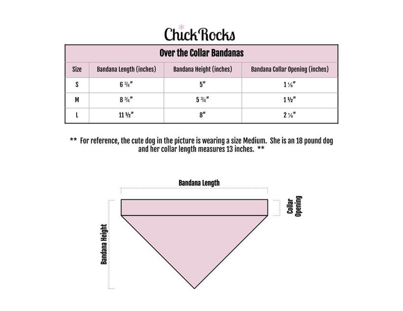 May include: A chart for "Over the Collar Bandanas" by "Chick Rocks" with size measurements in inches. Sizes include S, M, and L, with corresponding bandana length, height, and collar opening dimensions. A diagram illustrates bandana dimensions.