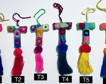 T & U - Alphabet Letter Pom Pom, Handmade Ornaments, Mexican Ornaments, Embroidered, Tassels