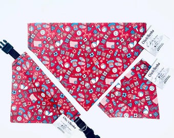 Pet Bandana - Independence Day Celebration (Flag, Cupcake, Cap, Sunglasses, Fireworks) on Red