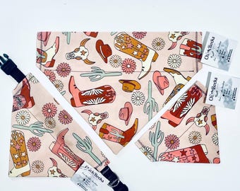 Pet Bandana - Rodeo Time (Cowboy Boots, Cactus, Cow Skull) on Peach