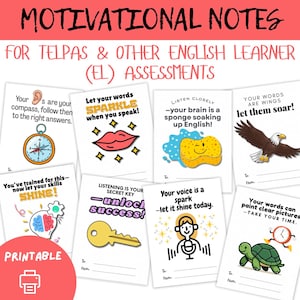 May include: A set of printable motivational notes for English language learners. Each card has a unique design with inspirational phrases and illustrations, including a compass, lips, a sponge, an eagle, a brain, a key, a microphone, and a turtle.